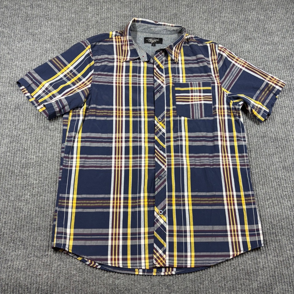 Eighty Eight Shirt Mens L Short Sleeve Button Up Navy Blue Yellow Plaid